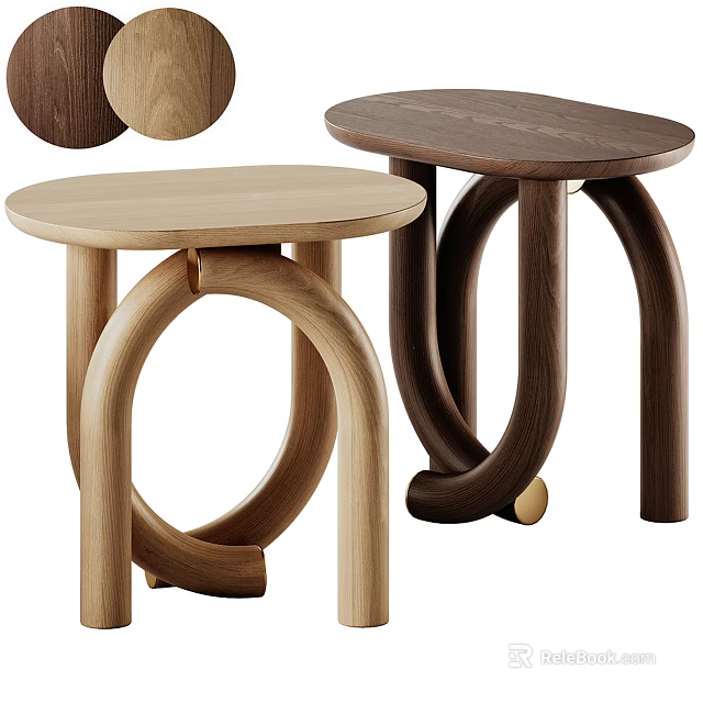 Stylish Wooden Side Tables With Curved Ring Legs And Metal Casters In Light Dark Tones 3d model 