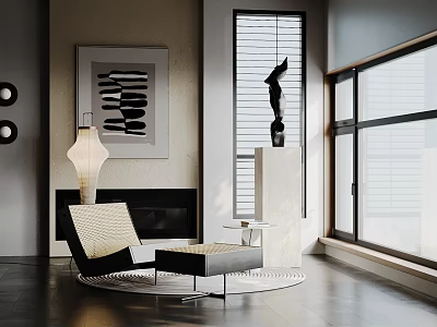 Modern Leisure Chair In Stylish Living Room With Side Table Large Window And Minimalist Decor 3d model