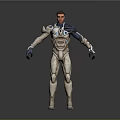 Futuristic Armored Character Design With White Blue Suit Red Shoulder And Hand Accents