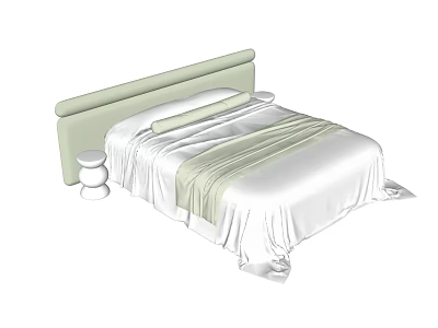 Double Bed With Light Green Headboard White Bedspread And Small Round Stools 3d model