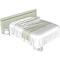 Double Bed With Light Green Headboard White Bedspread And Small Round Stools