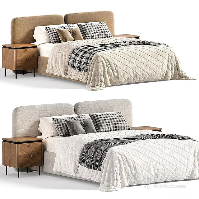 Modern Double Bed Design With Upholstered Headboard Wooden Nightstand Checkered Pillows And Quilted Bedspread 3d model 