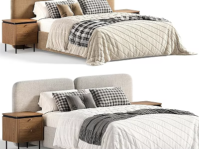 Modern Double Bed Design With Upholstered Headboard Wooden Nightstand Checkered Pillows And Quilted Bedspread 3d model