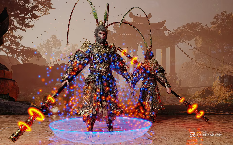 Man in ornate armor holding glowing weapons standing in glowing circle with ancient architecture trees 3d model 
