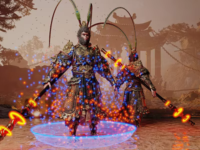 Man in ornate armor holding glowing weapons standing in glowing circle with ancient architecture trees 3d model
