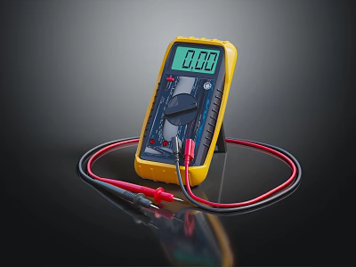 Yellow Digital Multimeter With 0.00 LCD Display And Red Black Test Leads 3d model