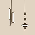 Two Modern Pendant Chandeliers With Elongated Metal Frame And Multiple Spherical Accents