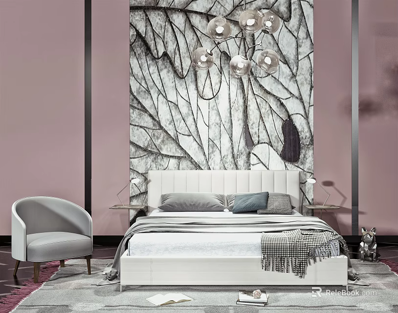 Double Bed with Leaf Pattern Wallpaper Pink Walls Modern Chandelier Gray Armchair and Soft Linens 3d model 