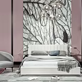 Double Bed with Leaf Pattern Wallpaper Pink Walls Modern Chandelier Gray Armchair and Soft Linens