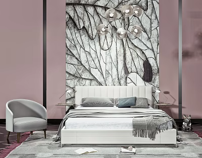Double Bed with Leaf Pattern Wallpaper Pink Walls Modern Chandelier Gray Armchair and Soft Linens 3d model