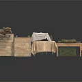 Simple Household Items Display With Wooden Boxes Folded Cloth And Green Bundles On Table