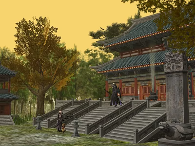 Cartoon Scene of Ancient Chinese Architecture with Traditional Roof Characters on Steps and Trees 3d model