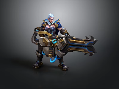 3D Armored Sci Fi Character With Blue Hair Large Mechanical Weapon And Glowing Accents 3d model