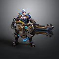 3D Armored Sci Fi Character With Blue Hair Large Mechanical Weapon And Glowing Accents