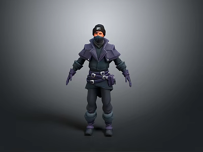 Game Character in Dark Outfit with Cap Mask Belt Gloves Standing Pose 3d model