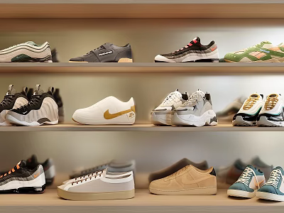 Various Style Shoes Displayed on Wooden Shelves with Sneakers and Casual Designs 3d model