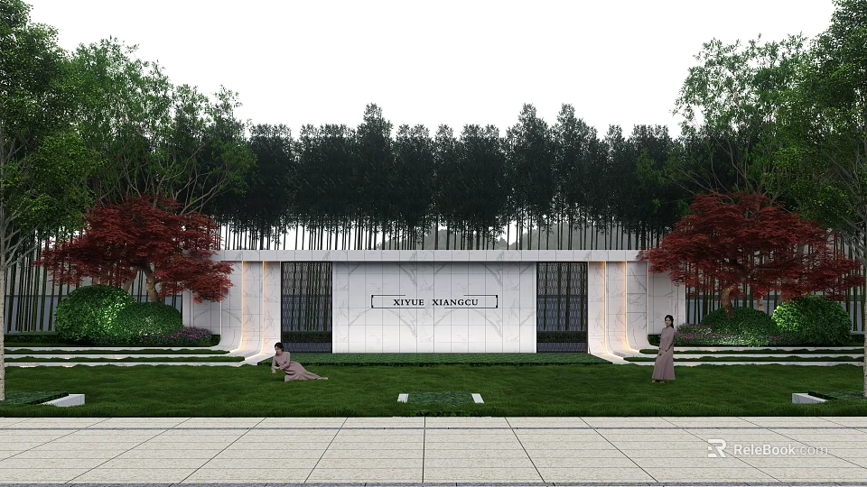 Modern Landscape Feature Wall Design With Green Lawn And Surrounding Trees 3d model 