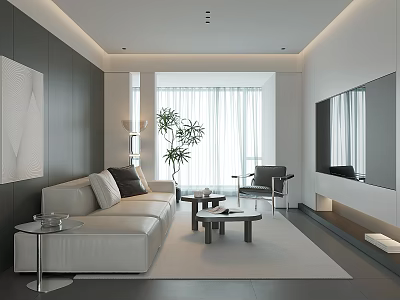 Modern Living Room Interior With White Sofa Coffee Table And Floor To Ceiling Windows 3d model