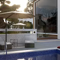 Modern Garden Landscape With Water Pond Lighting Trees And Rock Features