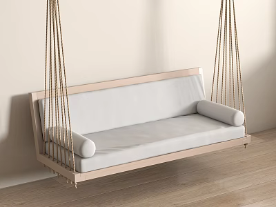Modern Indoor Hanging Chair With Wooden Frame And White Cushioned Seat 3d model