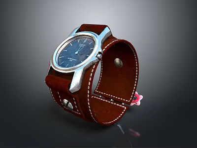Stylish Brown Leather Strap Watch With Blue Dial And Silver Case 3d model