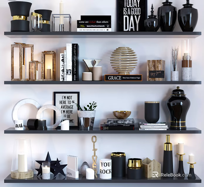 Modern Elegant Decorative Ornament Set With Gold Black Metal Glass Geometric Candle Holders And Vases 3d model 