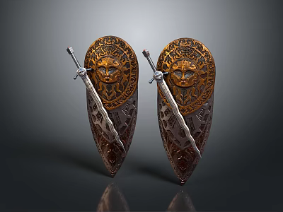 Two Ornate Medieval Shields With Lion Head Design And Inserted Swords 3d model