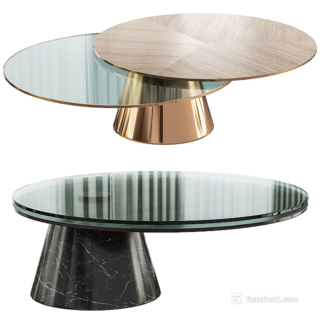 Round Glass Coffee Tables With Brushed Metal And Marble Pedestal Bases Modern Design 3d model 