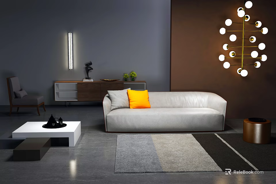 Modern White Sofa And Coffee Table Set With Orange Cushion And Decorative Lamp 3d model 