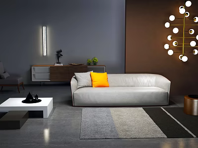 Modern White Sofa And Coffee Table Set With Orange Cushion And Decorative Lamp 3d model