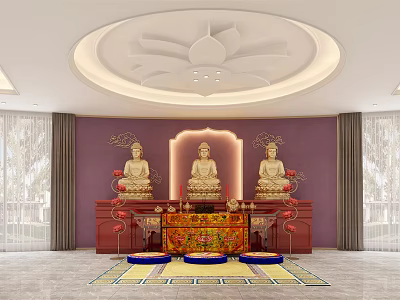Buddhist Religious Shrine Interior With Three Buddha Statues Altar Lotus Ceiling And Decorative Carpet 3d model