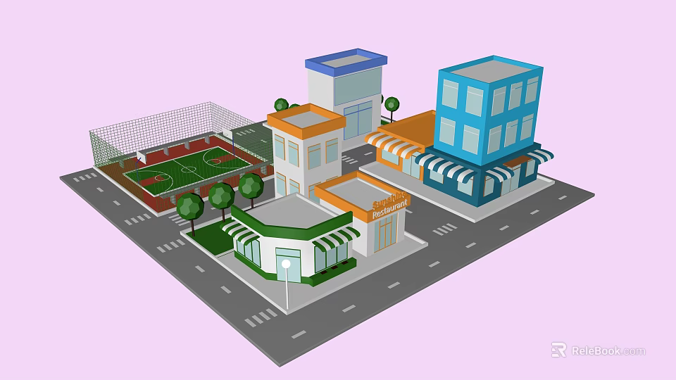 Cartoon City Scene With Colorful Buildings Street Shops Trees And Sports Court 3d model 