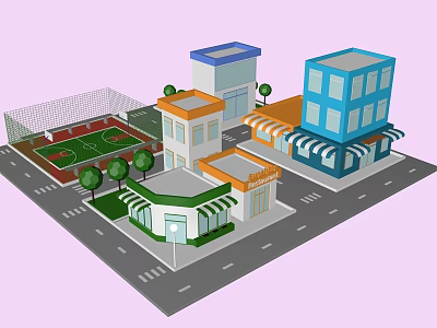 Cartoon City Scene With Colorful Buildings Street Shops Trees And Sports Court 3d model