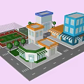 Cartoon City Scene With Colorful Buildings Street Shops Trees And Sports Court