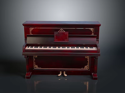 Classical Style Dark Red Piano With Golden Decorations And Exquisite Home Living Design 3d model