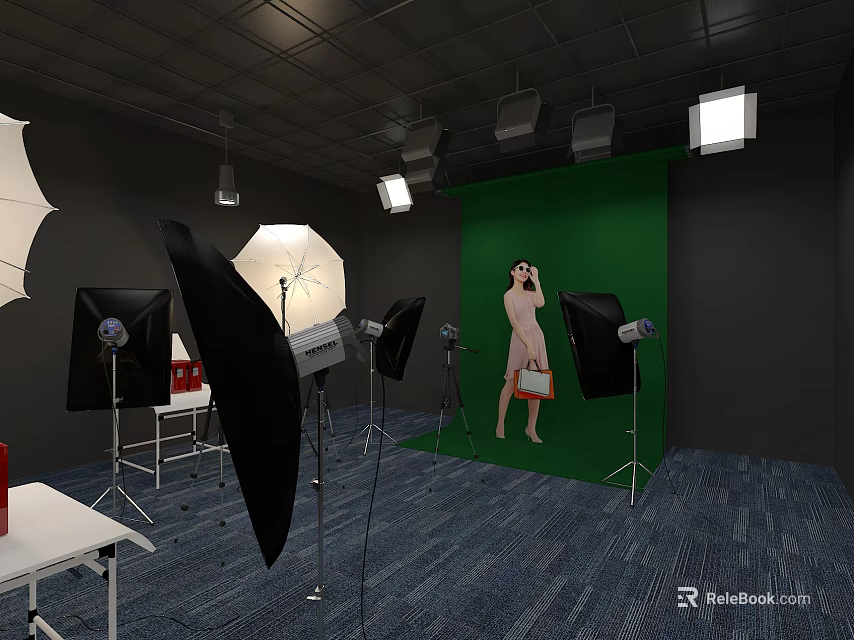 Public Office Space Featuring Green Backdrop Photography Lights Reflectors Tables Chairs And Blue Carpet 3d model 