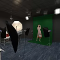Public Office Space Featuring Green Backdrop Photography Lights Reflectors Tables Chairs And Blue Carpet