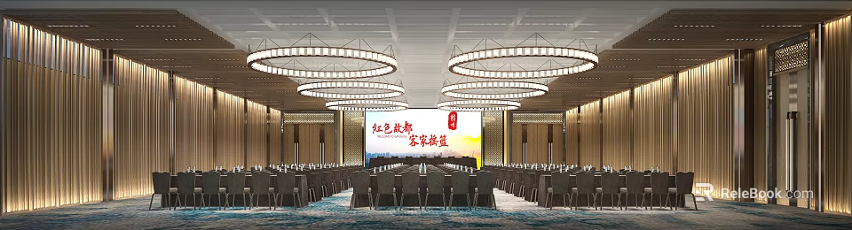 Conference Room Formal Setting With Large Screen Circular Chandeliers And Arranged Tables 3d model 