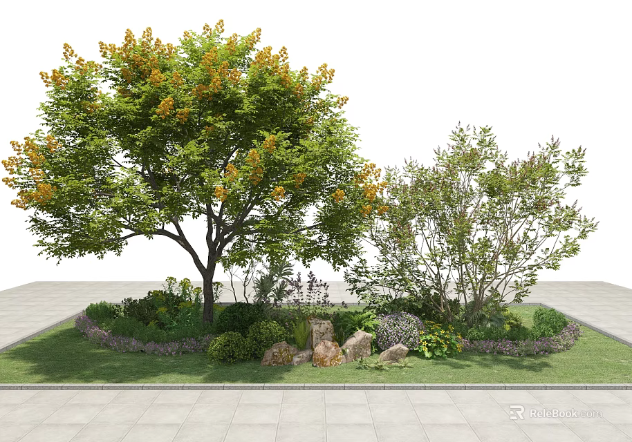 Lush Deciduous Tree in Garden Landscape With Shrubs Flowers Stones and Lawn 3d model 