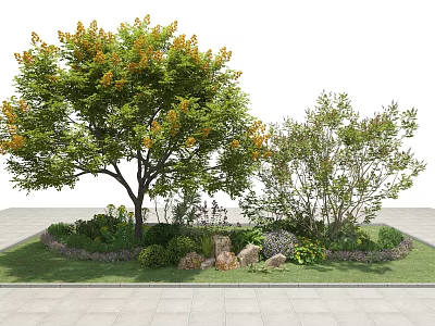 Lush Deciduous Tree in Garden Landscape With Shrubs Flowers Stones and Lawn 3d model
