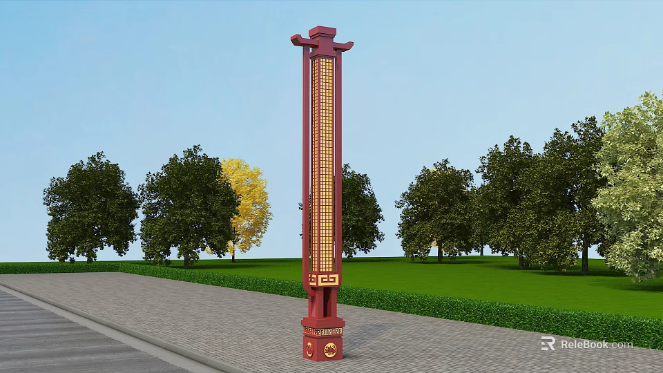 Chinese Style Red Outdoor Light With Hollow Design In Park Grass And Trees 3d model 