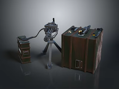 Military Machine Gun On Tripod Stand With Storage Cases And Accessories 3d model