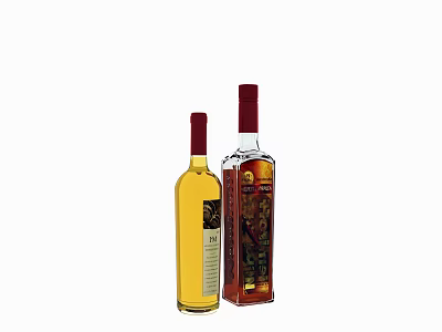Two Yellow And Brown Glass Liquor Bottles With Red Caps And Patterned Labels 3d model
