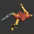 Detailed Game Movie Character With Orange Yellow Armor Holding Gun In Action Pose