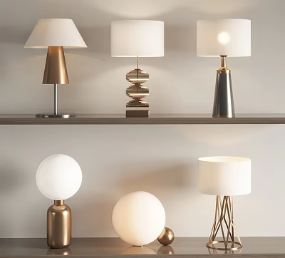 Contemporary Table Lamps In Various Styles On Wooden Shelf With Metal Bases And Fabric Shades 3d model