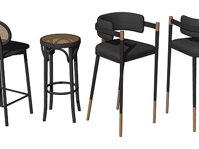 Modern Black Bar Stools With Rattan Design Backrest And Wooden Legs 3d model