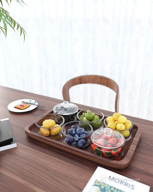 Wooden Tray With Covered Glass Containers Holding Blueberries Strawberries Lemons Green Fruits And Yellow Pastries 3d model 