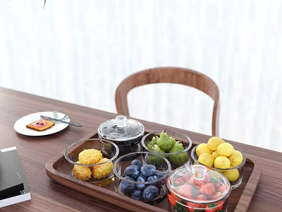 Wooden Tray With Covered Glass Containers Holding Blueberries Strawberries Lemons Green Fruits And Yellow Pastries 3d model