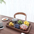 Wooden Tray With Covered Glass Containers Holding Blueberries Strawberries Lemons Green Fruits And Yellow Pastries