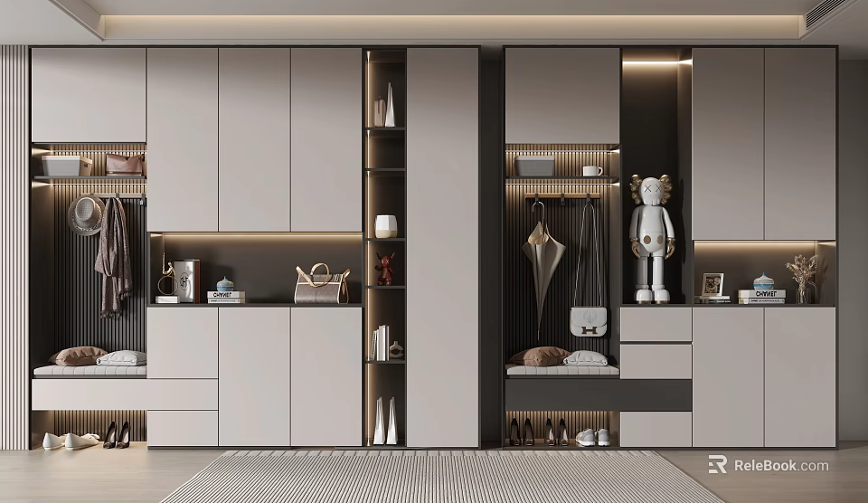 Modern Elegant Shoe Cabinet With Hanging Area And Storage Shelves 3d model 